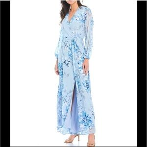 Marina Floral Wrap Maxi Dress Chiffon Long Sleeve Slit V Neck Blue Size 6
